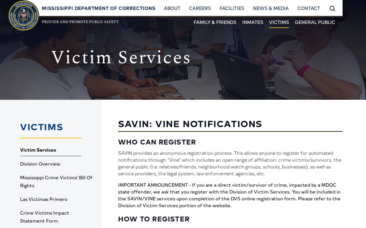 Monroe County custody status notification record through Mississippi SAVIN VINE